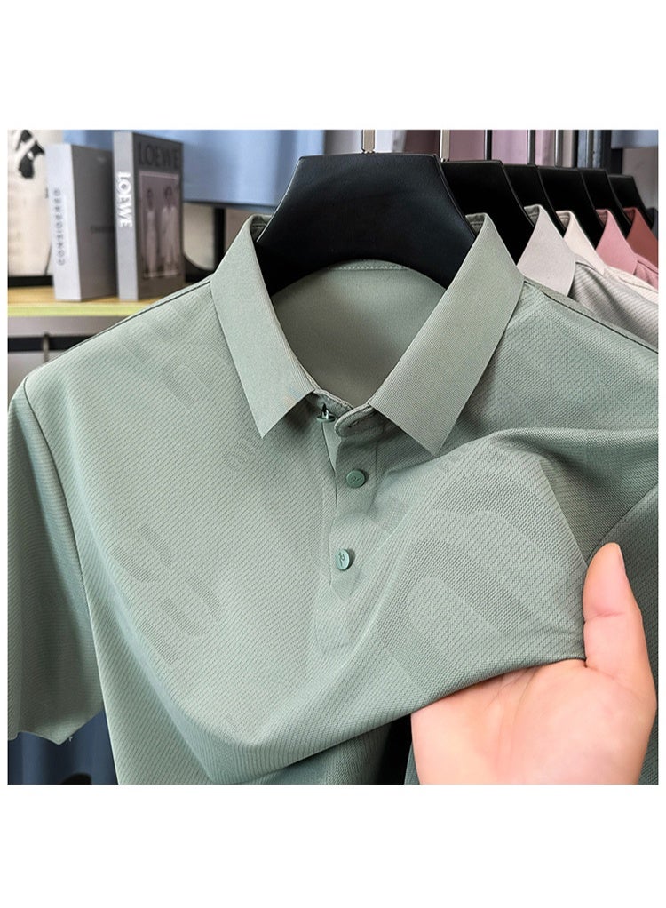 Summer  Men's Ice Silk Short Sleeve T-Shirt Casual Fashion Solid Color Business Collar Mulberry Silk Top Male - Image 2