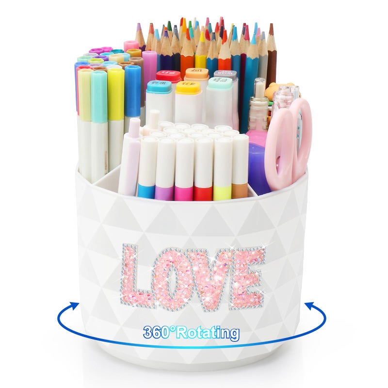 Nuozme Bling Desk Organizer, Glitter Love Rhinestone Rotating Pencil Pen Holders For Desk,Diamond-Patterned Pen Organizer With 5 Compartments,Stylish Desk Accessories For Office School Home - Image 1