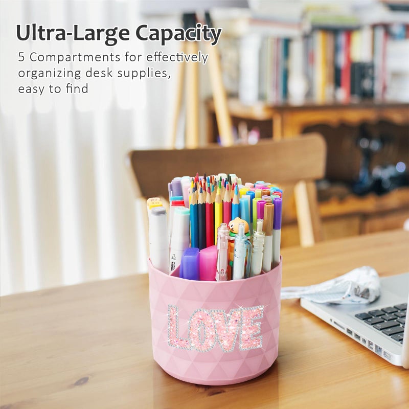 Nuozme Bling Desk Organizer, Glitter Love Rhinestone Rotating Pencil Pen Holders For Desk,Diamond-Patterned Pen Organizer With 5 Compartments,Stylish Desk Accessories For Office School Home - Image 5