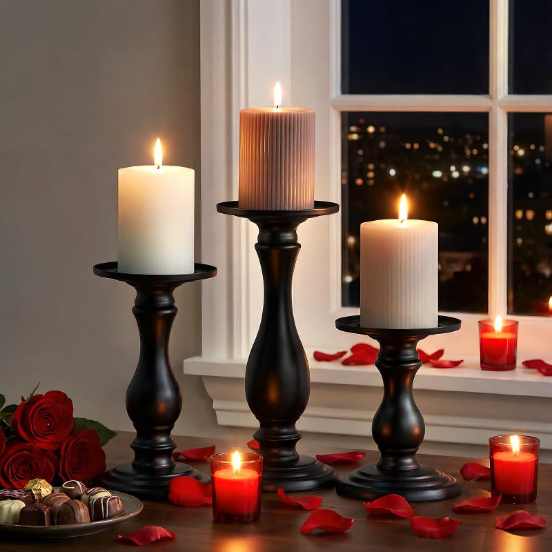 Qualdout Matte Black Pillar Candle Holders Set of 3-10", 8", 6â€H Candlestick Candle Holder Stand, Valentine's Day Home Decor Gift for Fireplace/Table Centerpiece/Rustic/Farmhouse - Image 1