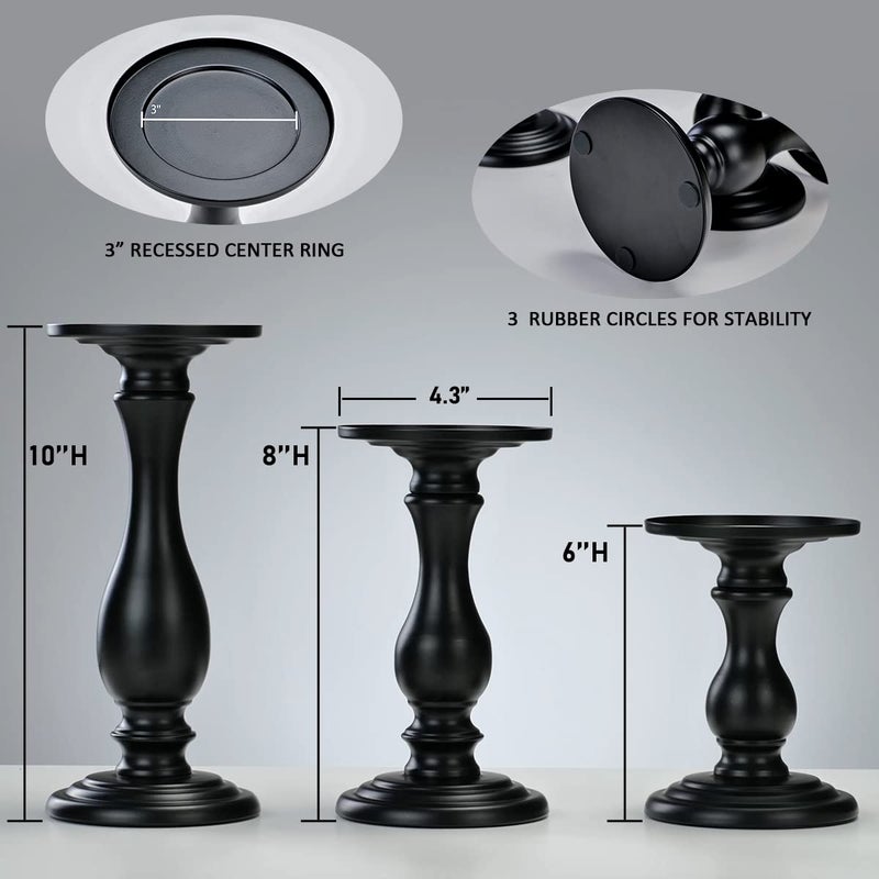 Qualdout Matte Black Pillar Candle Holders Set of 3-10", 8", 6â€H Candlestick Candle Holder Stand, Valentine's Day Home Decor Gift for Fireplace/Table Centerpiece/Rustic/Farmhouse - Image 4