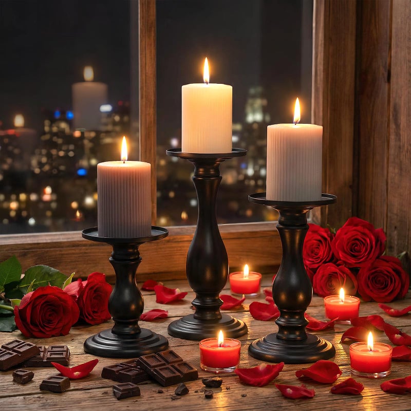 Qualdout Matte Black Pillar Candle Holders Set of 3-10", 8", 6â€H Candlestick Candle Holder Stand, Valentine's Day Home Decor Gift for Fireplace/Table Centerpiece/Rustic/Farmhouse - Image 3