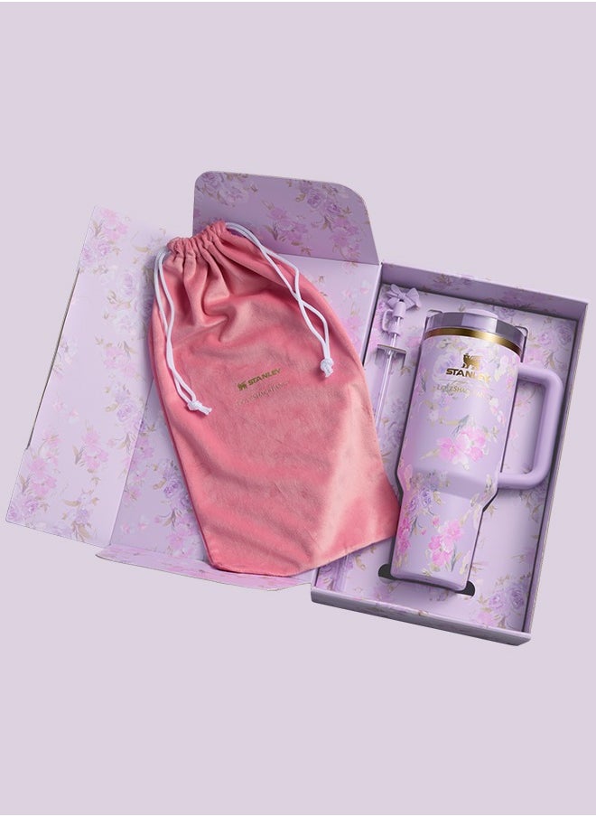 Stanley - Love Shack Fancy H2.0 Flow State 40oz Purple Rose Tumbler, Stainless Steel Vacuum Insulated Quencher with Lid, Straw, and Stopper, Ideal for Water and Iced Tea, Keeps Drinks Cold, Presented in Elegant Gift-Ready Packaging - Image 1