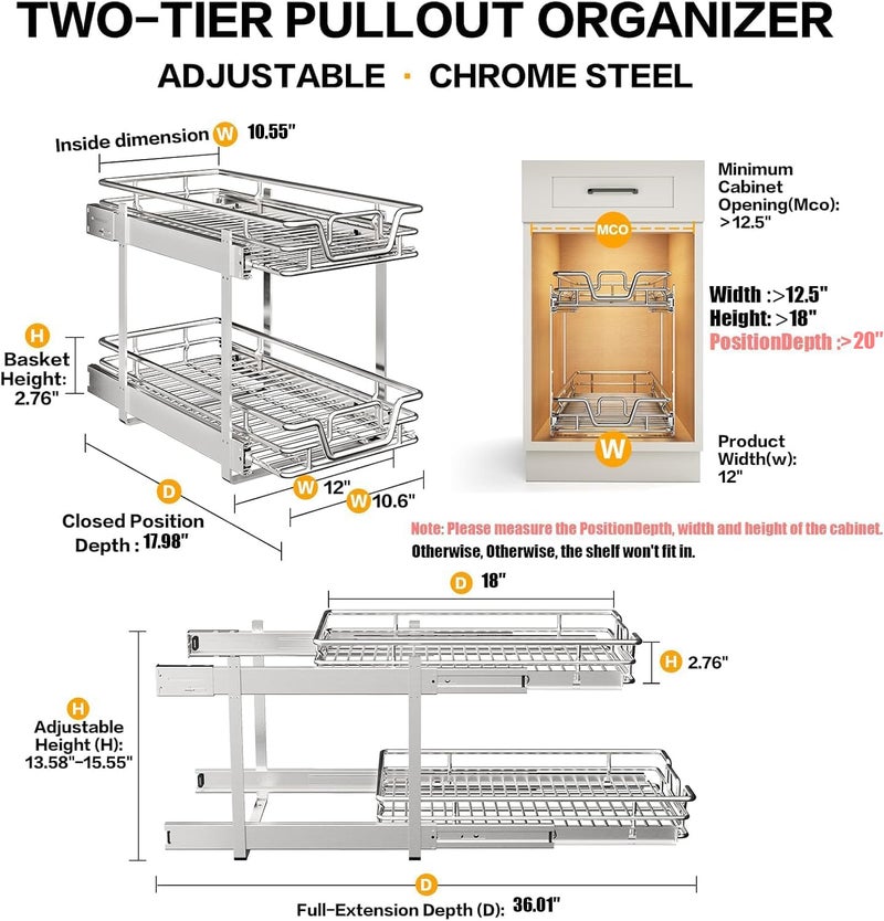 QUYUWU 2-Tier Kitchen Cabinet,Pull Out Cabinet Organizer,Shelf and Drawer Organizer Slide Out Pantry Storaqe Basket in Multiple Sizes (12" W x21 D) - Image 2
