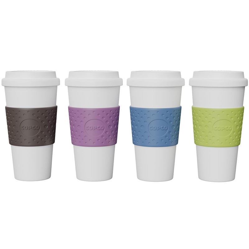 Copco Acadia Travel Mug 4Pack 16oz Insulated Coffee Mug with DoubleWalled Plastic LeakProof Lid  Microwave  Dishwasher Safe NonSlip Sleeve Hot  Cold Drinks  Light Colors