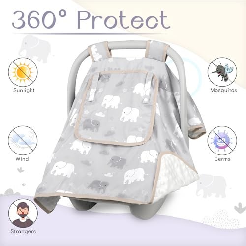 TANOFAR Baby Carseat Seat Cover Boys Winter Carseat Canopy Cozy Warm Cover with Zipper Peep Windows Infant Minky Carrier Cover Soft Breathable Baby Must Have Grey Elephant - Image 3