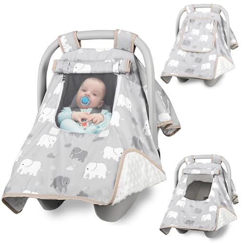 TANOFAR Baby Carseat Seat Cover Boys Winter Carseat Canopy Cozy Warm Cover with Zipper Peep Windows Infant Minky Carrier Cover Soft Breathable Baby Must Have Grey Elephant - Image 1