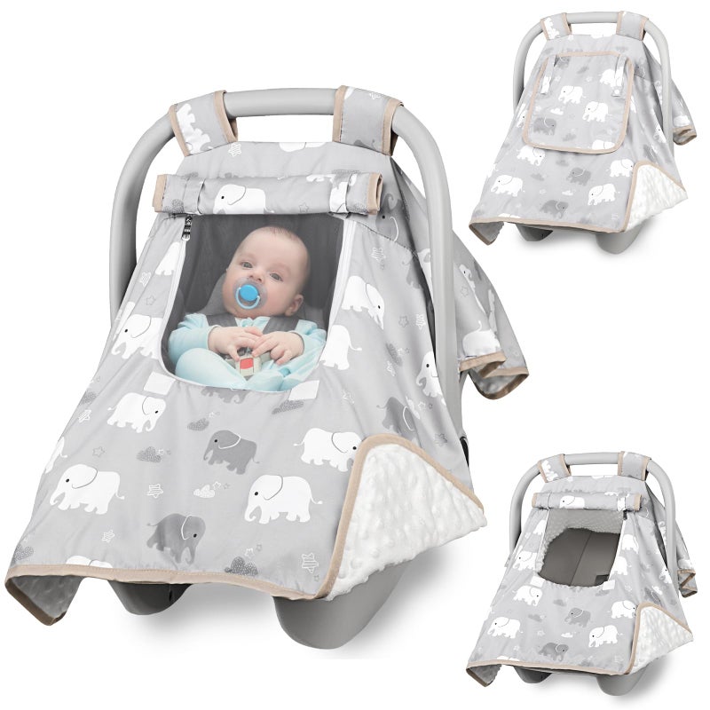 TANOFAR Baby Carseat Seat Cover Boys Winter Carseat Canopy Cozy Warm Cover with Zipper Peep Windows Infant Minky Carrier Cover Soft Breathable Baby Must Have Grey Elephant - Image 2