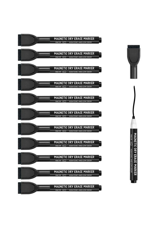 maxtek Magnetic Black Dry Erase Markers, 12 Count Fine Tip Whiteboard Markers With Eraser, Thin Markers Low Odor For Classroom, Office, Home - Image 1