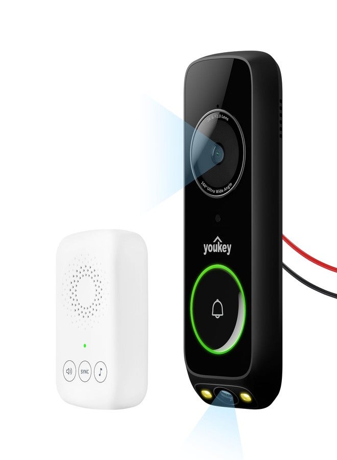 youkey Doorbell Camera Wired with Chime, No Monthly Fee, 2K Wired Doorbell with Head-to-Toe Video, Package Detection, 2.4/5GHz WiFi-6, Built-in 8GB Storage, Two-Way Talk, Color Night Vision, DB322 - Image 1