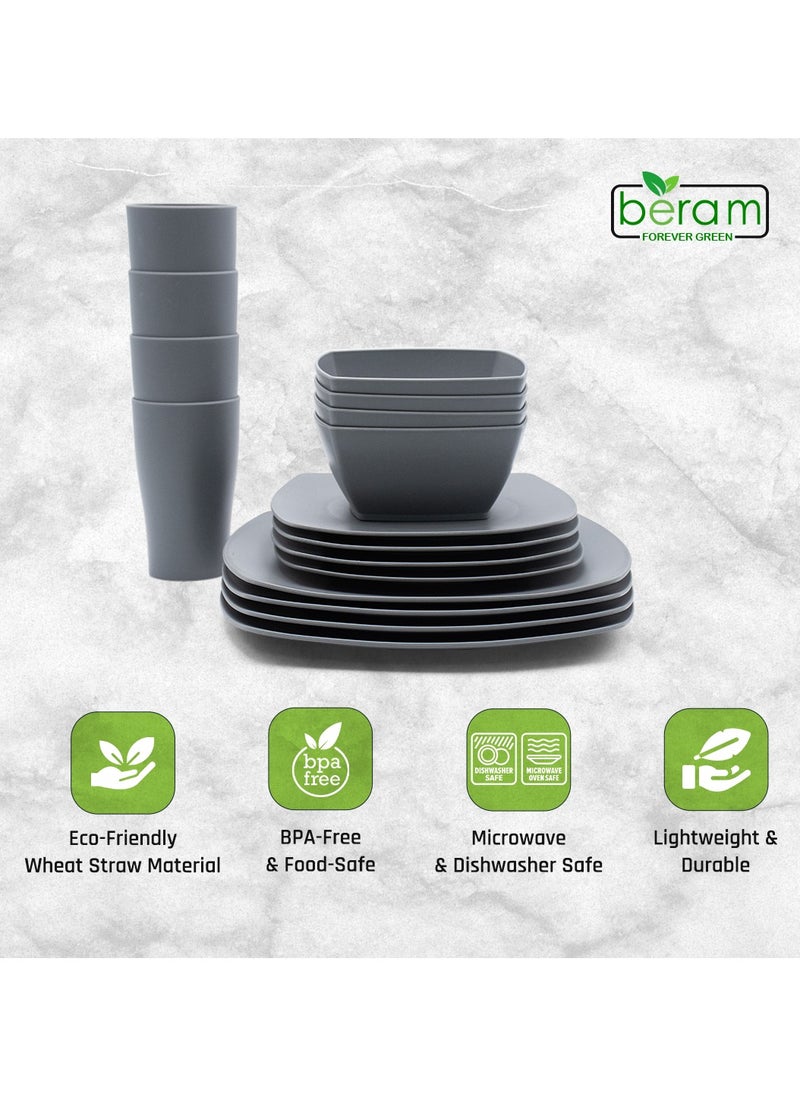 Beram - 16 Piece Square Dinner Set, Wheat Straw Dining Table Accessories, Healthy Kitchen Products, Plates and Bowls, Microwave Safe and BPA Free, Daily Use Dinnerware - Image 1