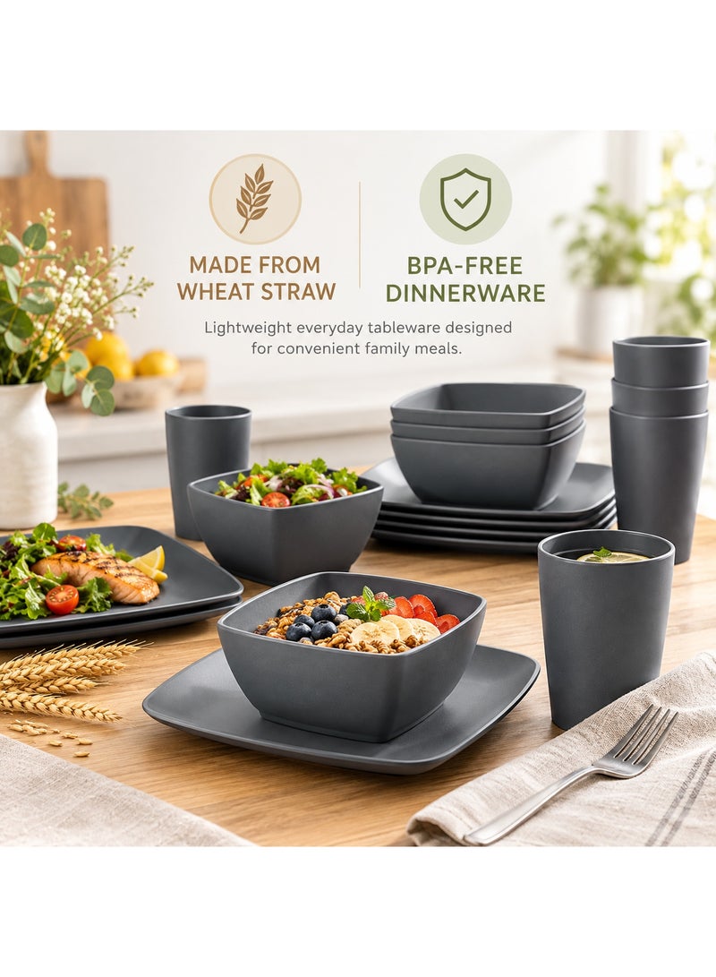 BERAM Dinner Set 16-Piece Square Wheat Straw Plates and Bowls, Microwave Safe BPA-Free Dinnerware Set for Daily Use, Kitchen and Dining Table, Dark Grey - Image 4