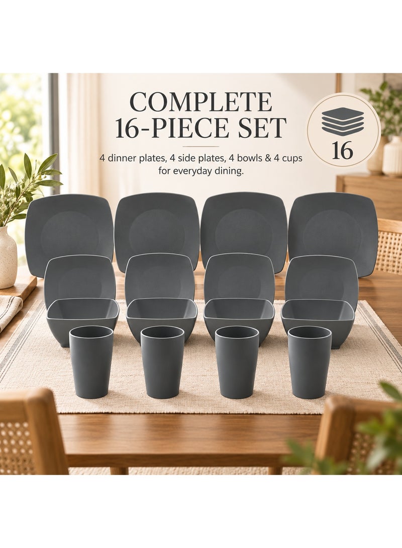 BERAM Dinner Set 16-Piece Square Wheat Straw Plates and Bowls, Microwave Safe BPA-Free Dinnerware Set for Daily Use, Kitchen and Dining Table, Dark Grey - Image 5