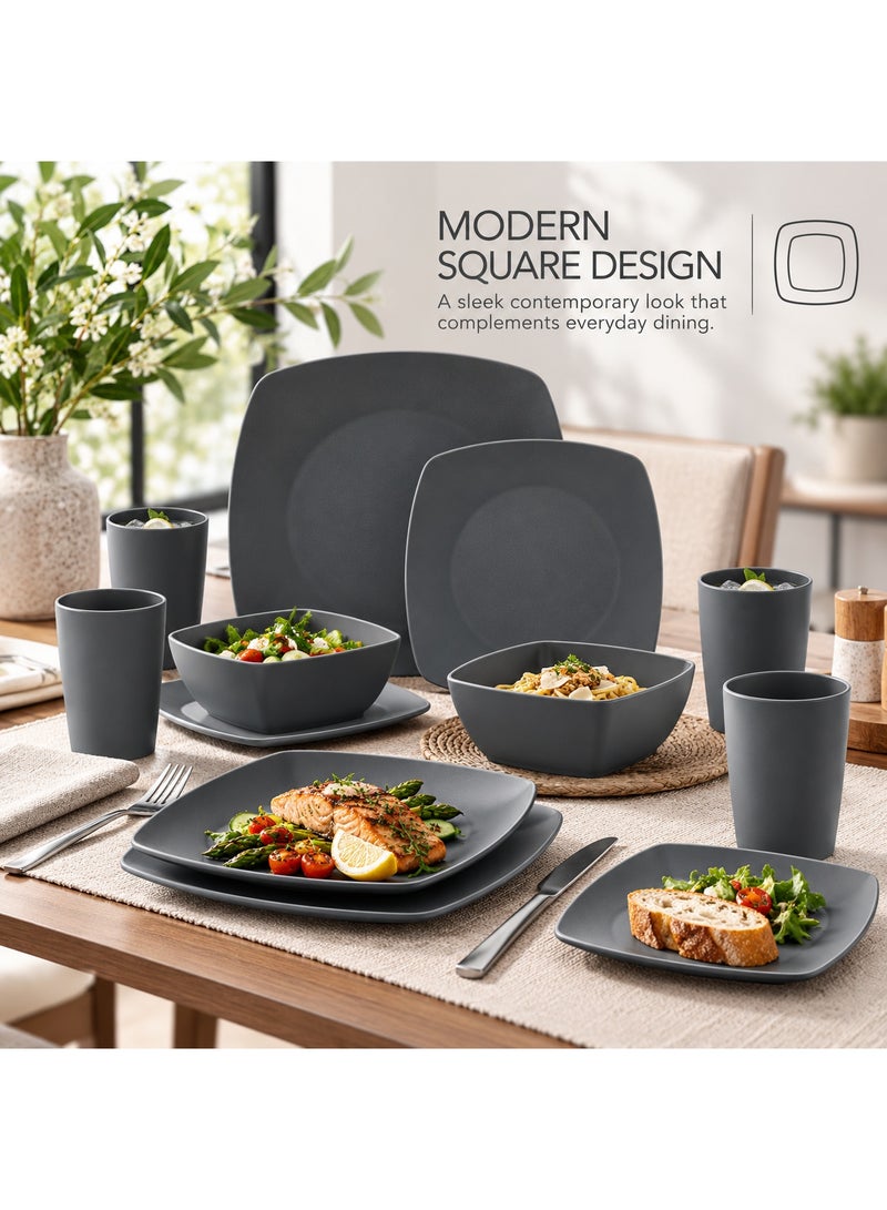 BERAM Dinner Set 16-Piece Square Wheat Straw Plates and Bowls, Microwave Safe BPA-Free Dinnerware Set for Daily Use, Kitchen and Dining Table, Dark Grey - Image 2