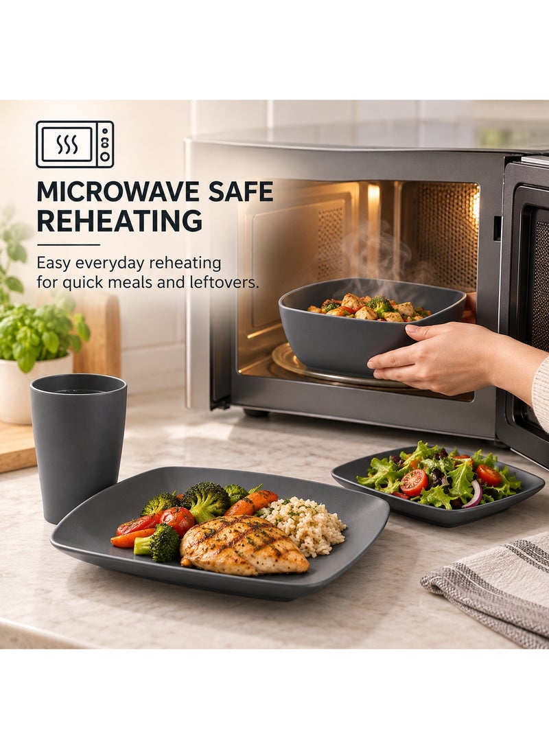 BERAM Dinner Set 16-Piece Square Wheat Straw Plates and Bowls, Microwave Safe BPA-Free Dinnerware Set for Daily Use, Kitchen and Dining Table, Dark Grey - Image 3