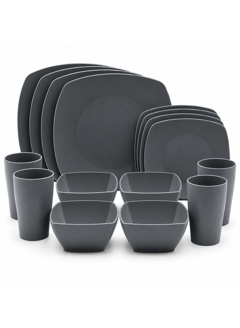 BERAM Dinner Set 16-Piece Square Wheat Straw Plates and Bowls, Microwave Safe BPA-Free Dinnerware Set for Daily Use, Kitchen and Dining Table, Dark Grey - Image 1