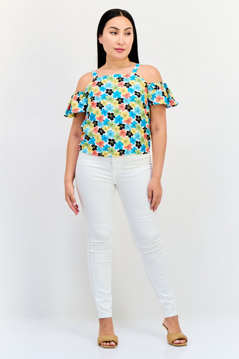 ONLY Women Square  Neck Cold Shoulder Allover Print Crop Top, Multicolor - Image 4