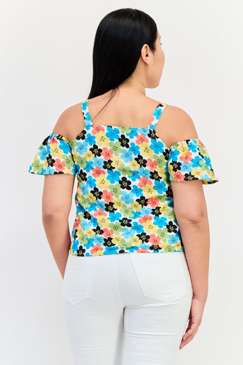 ONLY Women Square  Neck Cold Shoulder Allover Print Crop Top, Multicolor - Image 3