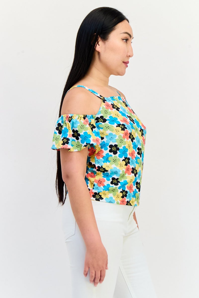 ONLY Women Square  Neck Cold Shoulder Allover Print Crop Top, Multicolor - Image 2