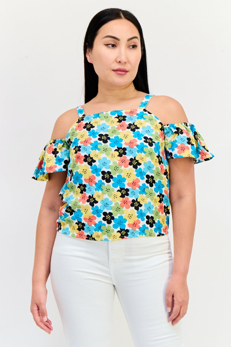 ONLY Women Square  Neck Cold Shoulder Allover Print Crop Top, Multicolor - Image 1