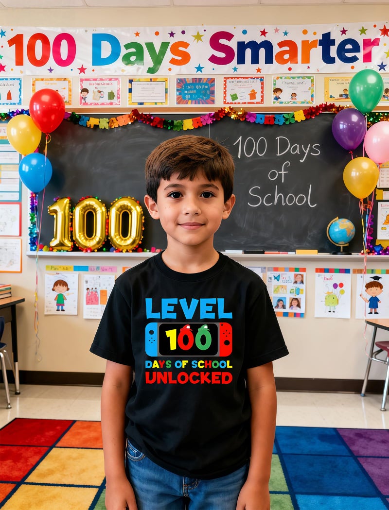 YWAGK 100th Day of School Shirt Boys Kids Level 100 Days of School Unlocked T-Shirts Toddler Back to School Tee Black (3-4 Years) - Image 2