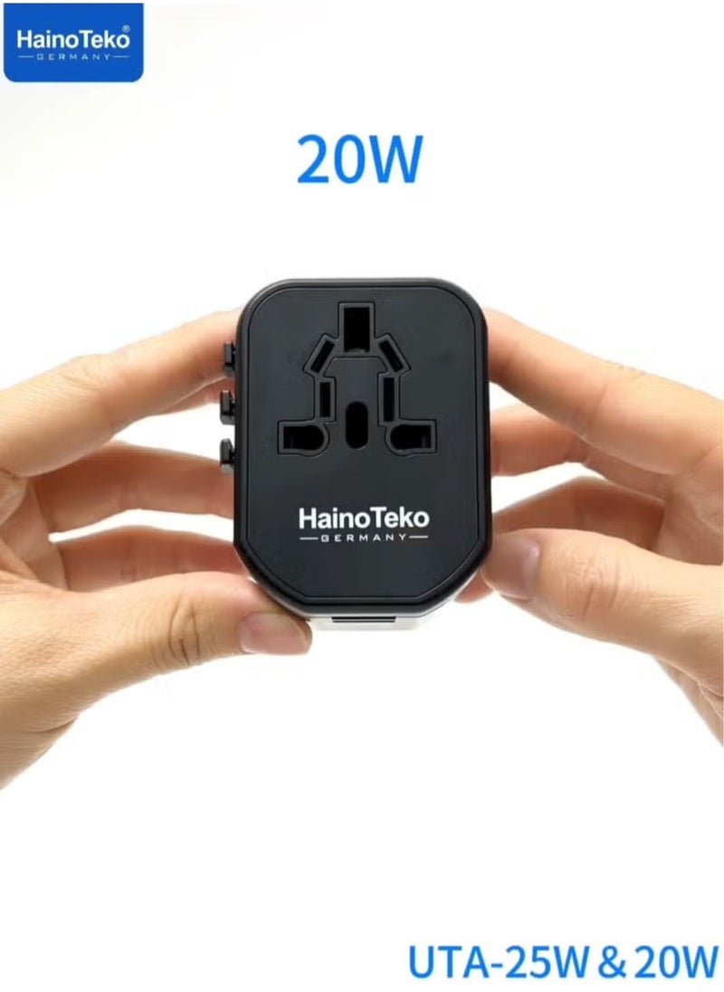 Haino Teko UTA-20W Universal Travel Adapter, 20W Fast Charging with LED Light Indicator, Compact & Portable Design, Global Compatibility for Multiple Devices – Black  - Image 2
