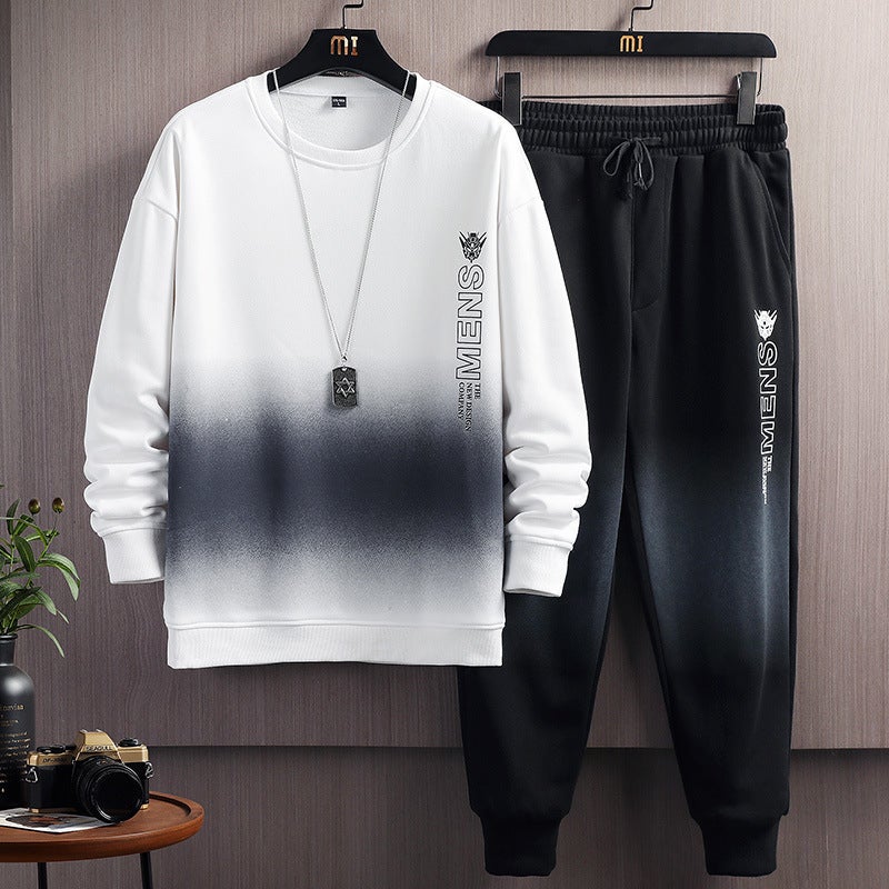 Sports Suit Mens 2024 Spring and Autumn New Youth Fashion Gradual Change Letter Round Neck Sweatshirt Casual Suit Mens 0751 black - Image 2