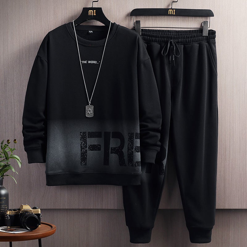 Sports Suit Mens 2024 Spring and Autumn New Youth Fashion Gradual Change Letter Round Neck Sweatshirt Casual Suit Mens 0751 black - Image 5
