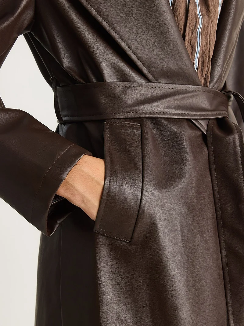 Bianco Lucci LUCCI Midi Length Faux Leather Trench Coat with Tie Closure