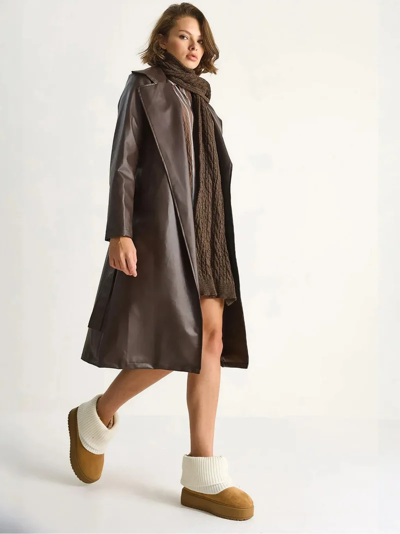 Bianco Lucci LUCCI Midi Length Faux Leather Trench Coat with Tie Closure