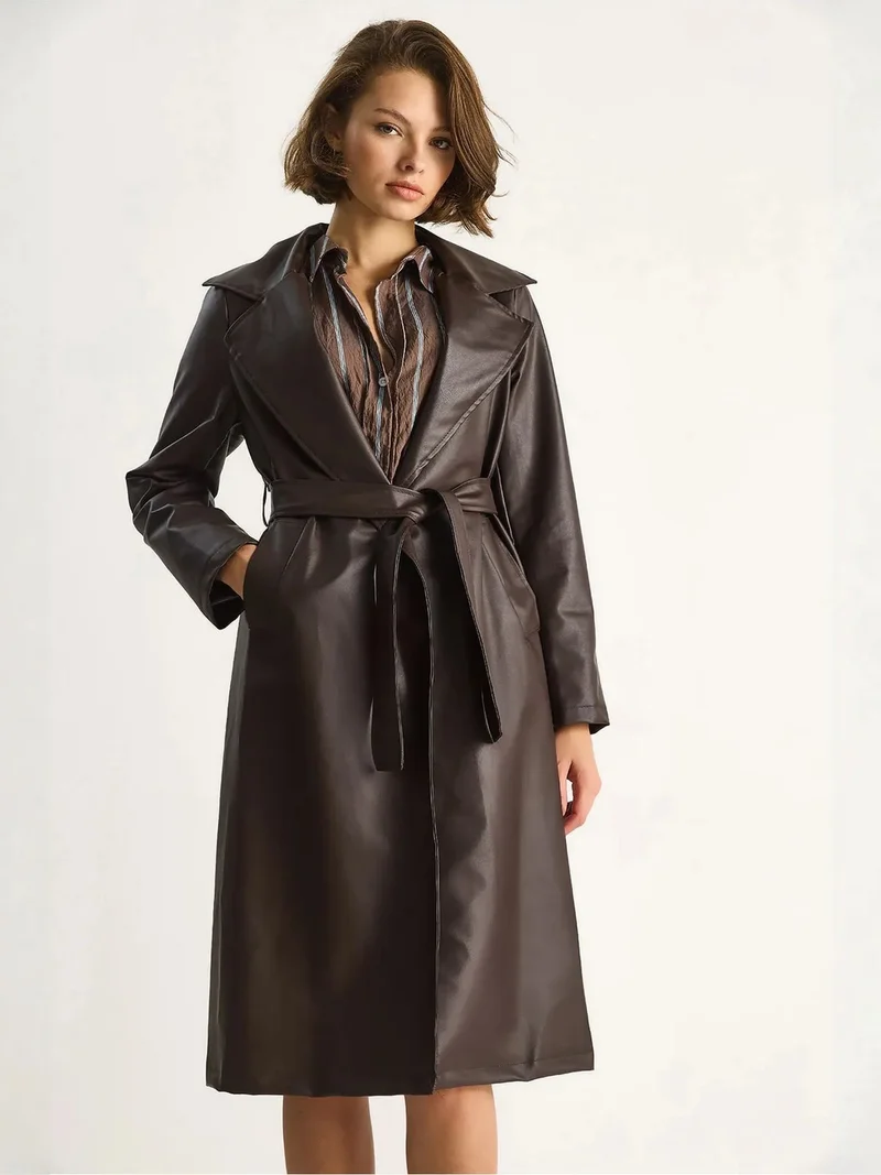 Bianco Lucci LUCCI Midi Length Faux Leather Trench Coat with Tie Closure