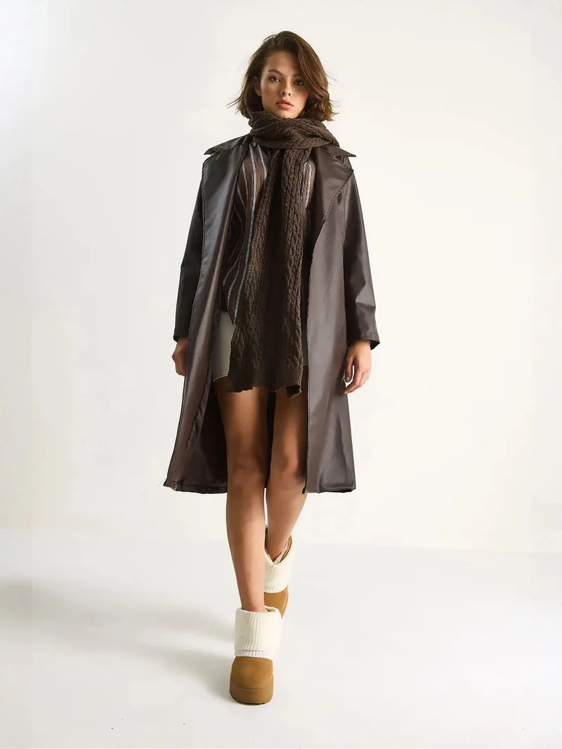 Bianco Lucci LUCCI Midi Length Faux Leather Trench Coat with Tie Closure