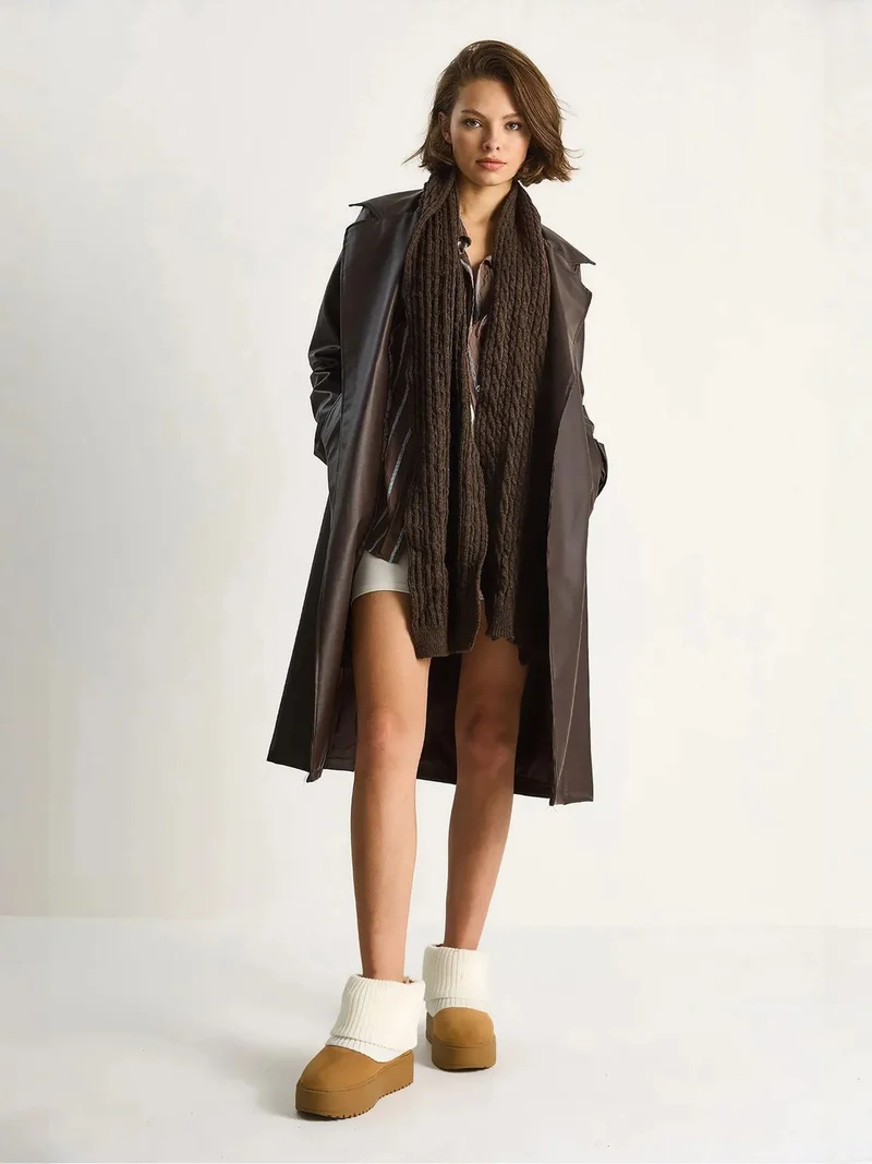 Bianco Lucci LUCCI Midi Length Faux Leather Trench Coat with Tie Closure