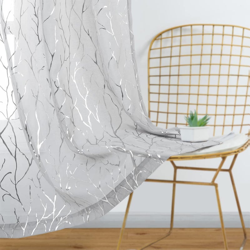 Kotile Tree Pattern Sheer Curtains - Metallic Silver Branch Printed Grommet Grey Sheer Curtains 63 Inch Length Light Filter Voile Drapes for Bedroom  52 x 63 Inch  2 Panels  Gray - Image 1