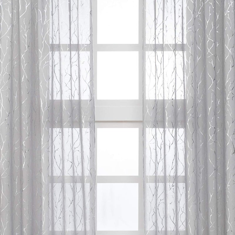 Kotile Tree Pattern Sheer Curtains - Metallic Silver Branch Printed Grommet Grey Sheer Curtains 63 Inch Length Light Filter Voile Drapes for Bedroom  52 x 63 Inch  2 Panels  Gray - Image 5