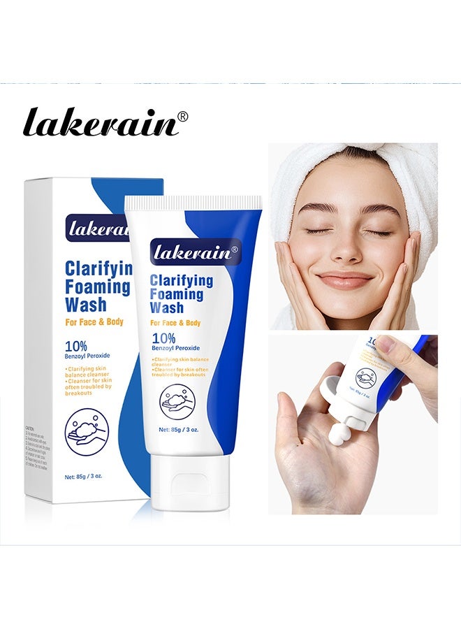 lakerain Clarifying Foaming Wash for Face & Body 85g - 10% Benzoyl Peroxide | Deep Cleansing & Oil Control | Acne & Blackhead Treatment,85g - Image 1