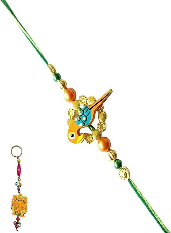 Krishna Rakhi for brother bhaiya kids designer for rakshabandhan with wooden ring parrot rakhi and Wooden yellow Color Ganesha Key chain as Gift