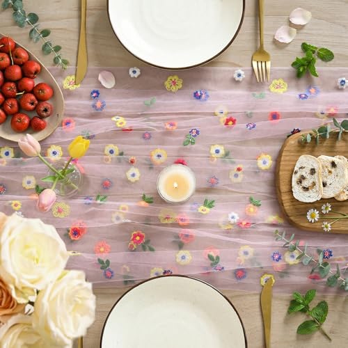 Artoid Mode Pink Embroidery Daisy Gauze Table Runner 120 Inch 10FT Seasonal Sheer Kitchen Dining Holiday Wedding Birthday Table Decor for Home Party - Image 3