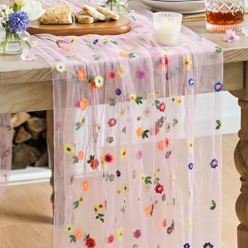 Artoid Mode Pink Embroidery Daisy Gauze Table Runner 120 Inch 10FT Seasonal Sheer Kitchen Dining Holiday Wedding Birthday Table Decor for Home Party - Image 1