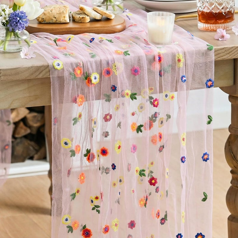 Artoid Mode Pink Embroidery Daisy Gauze Table Runner 120 Inch 10FT Seasonal Sheer Kitchen Dining Holiday Wedding Birthday Table Decor for Home Party - Image 2
