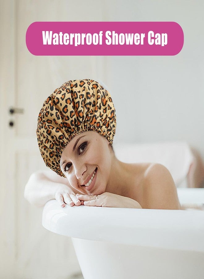 Erinnmy 4 PCS Shower Caps for Women,Reusable Waterproof Shower Cap,Double Layers Bath Caps,Large Shower Cap with EVA Lining,Elastic Bathing Hair Cap for All Hair Lengths(Leopard 2) - Image 3