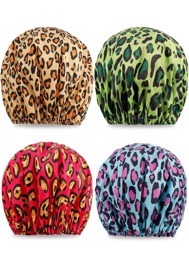 Erinnmy 4 PCS Shower Caps for Women,Reusable Waterproof Shower Cap,Double Layers Bath Caps,Large Shower Cap with EVA Lining,Elastic Bathing Hair Cap for All Hair Lengths(Leopard 2) - Image 1