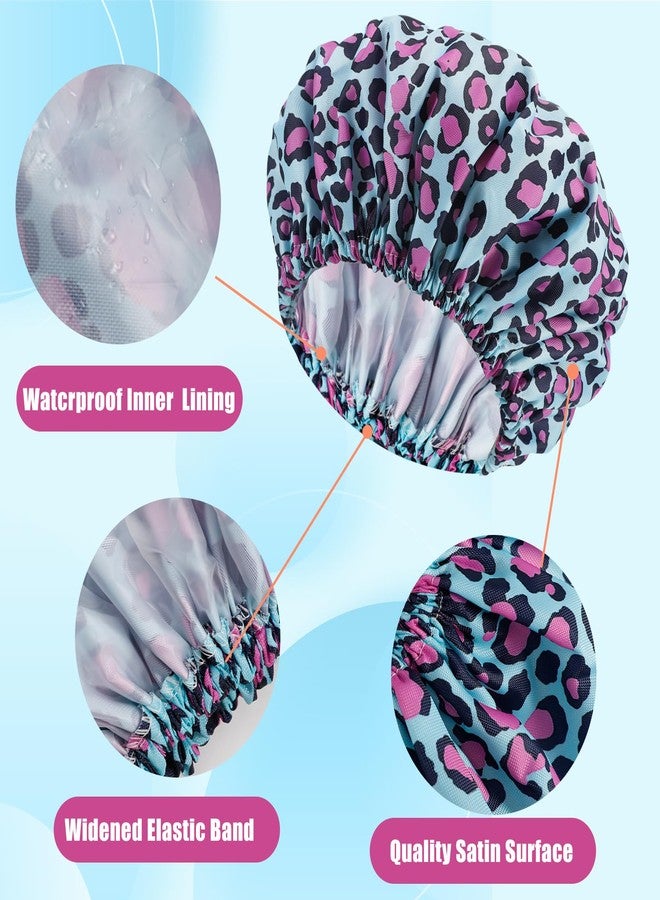 Erinnmy 4 PCS Shower Caps for Women,Reusable Waterproof Shower Cap,Double Layers Bath Caps,Large Shower Cap with EVA Lining,Elastic Bathing Hair Cap for All Hair Lengths(Leopard 2) - Image 4