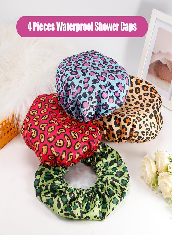 Erinnmy 4 PCS Shower Caps for Women,Reusable Waterproof Shower Cap,Double Layers Bath Caps,Large Shower Cap with EVA Lining,Elastic Bathing Hair Cap for All Hair Lengths(Leopard 2) - Image 5