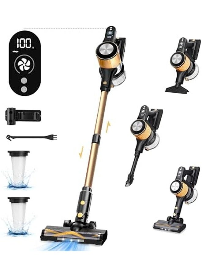 سنشر مكنسة لاسلكية – قوة شفط ‎25‎ كيلو باسكال، تصميم عصا قوية مع شاشة LED، بطارية قابلة للفصل، مدة تشغيل ‎45‎ دقيقة، 3 أوضاع للطاقة، مثالية للمنزل والسيارة والسجاد والأرضيات الصلبة وشعر الحيوانات، لون ذهبي - Image 1