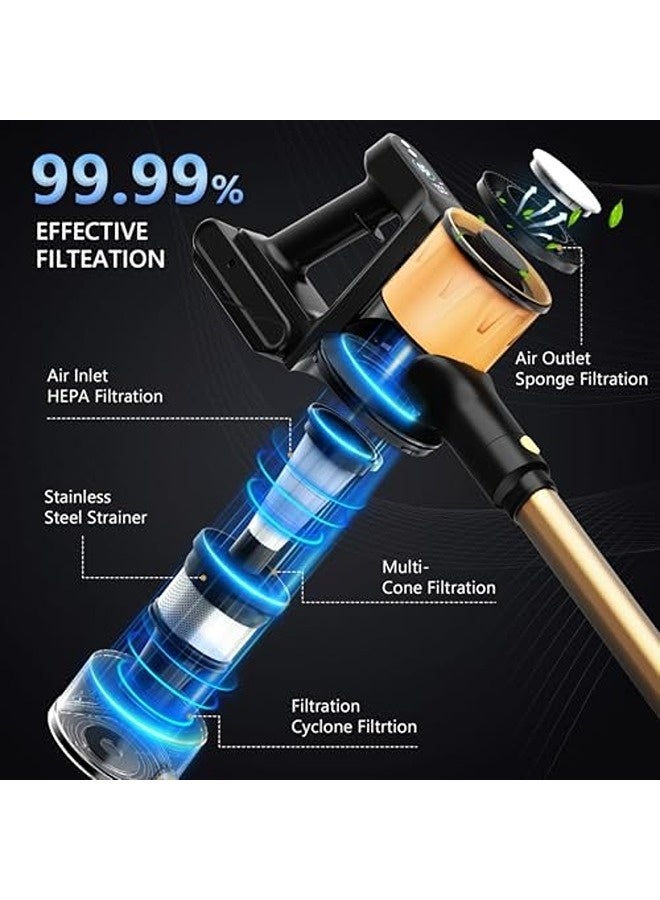 سنشر مكنسة لاسلكية – قوة شفط ‎25‎ كيلو باسكال، تصميم عصا قوية مع شاشة LED، بطارية قابلة للفصل، مدة تشغيل ‎45‎ دقيقة، 3 أوضاع للطاقة، مثالية للمنزل والسيارة والسجاد والأرضيات الصلبة وشعر الحيوانات، لون ذهبي - Image 4