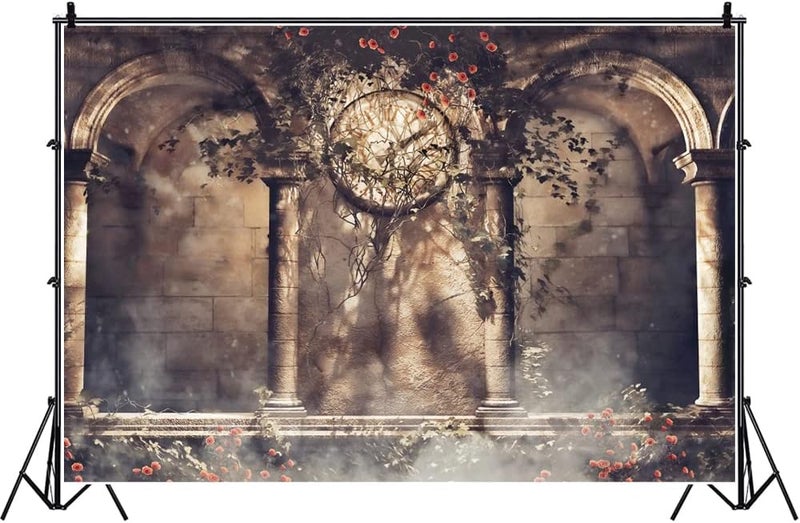 Laeacco Retro Clock Gothic Backdrop 10x8ft Vinyl Photography Background Rose Ivy Arch Architecture Building Stone Wall Fantasy Scene Wedding Parties Backdrops - Image 1