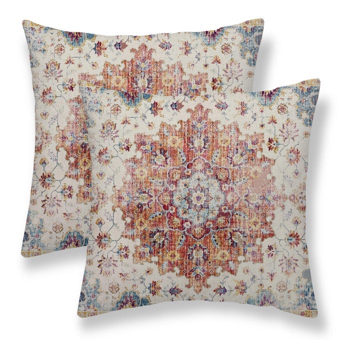 BOHO PILLOW COVERS 18X18 SET OF 2 BLUE ORANGE BOHEMIAN CARPET PATTERN OUTDOOR DECORATIVE THROW PILLOWS LINEN ETHNIC DESIGN VINTAGE FARMHOUSE CUSHION CASES FOR COUCH SOFA DECOR