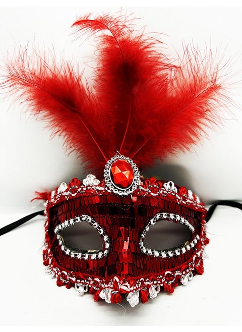 Red Color Sequined Sequin Feathered Party Mask 17X20 cm
