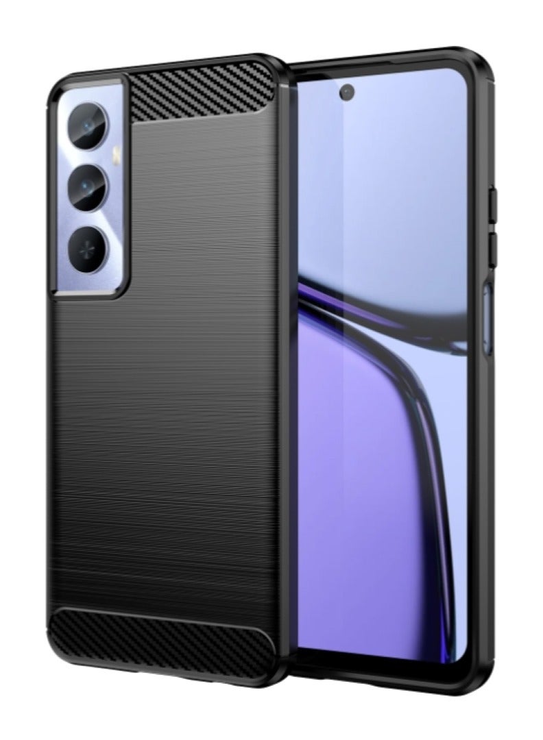 Realme C65 4G  Rugged Shield Cover – Black. Brushed carbon fiber texture, shockproof TPU, anti-slip, slim, and lightweight for durable protection. - Image 1